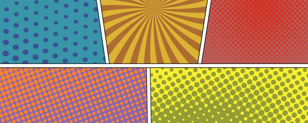 Aufkleber - Comic page book colorful template. Colorful comic book background.Blank white speech bubbles of different shapes. Rays, radial, halftone, dotted effects.