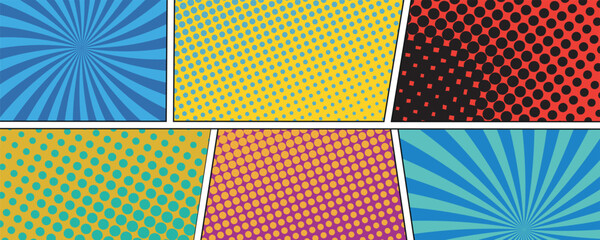 Aufkleber - Colorful comic book background in pop-art style. Rays, radial, halftone, dotted effects. Vector illustration