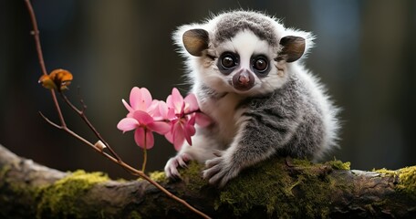 a baby of not real animal that looks like a mix of lemur and raccoon with big yellow eyes and tiny ears and round face and brown color of body and fluffy 