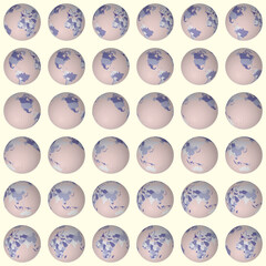 Poster - Collection of globes. Slanted sphere view. Rotation step 10 degrees. Colored countries style. World map with dense graticule lines on pale background. Nice vector illustration.