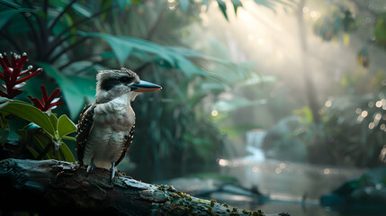 Wall Mural - Serene kookaburra gazing into the distance, surrounded by lush foliage, with a tranquil blurred creek flowing gently in the background