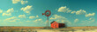 A vintage windmill amidst Texan aridity,
Minimalist landscape with alone tree and house