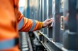 Close-up of a worker's hand attaching a route tag on a cargo container