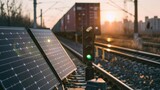 Fototapeta  - Eco-friendly solar panels powering a railway signal at sunset