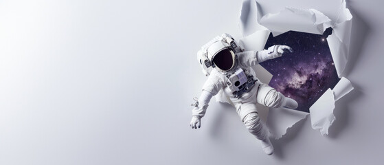 an astronaut reaches out from ripped paper towards an enchanting galaxy, depicting ambition and the 