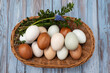 Wielkanoc, święta, jajka w koszyczku, naturalne, kolorowe, dekoracja, tło, kartka świąteczna