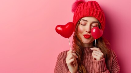 Poster - A woman in a red hat holding two heart shaped lollipops, AI