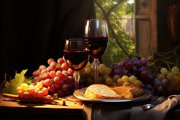 Illustrate a scene with wine glasses grapes