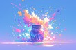 A jar of multicolored paint, with colorful splashes and powder flying around it. 