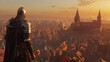 A knight and squire, in shimmering armor, overlook a bustling medieval city awakening to dawn from the castlea  s highest tower