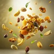 dried fruits and nuts flying background, Flying dried fruits and nuts. The mix of nuts and raisins background