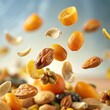 dried fruits and nuts flying background, Flying dried fruits and nuts. The mix of nuts and raisins background