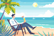 Businessman taking well-deserved break, enjoying workplace holiday and vacation by relaxing on beach with tropical drink