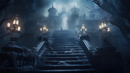 Background for a scary fairy tale background, a dark gothic haunted mansion castle in a dark dead valley with a forest around and snow. Halloween background with a spooky and ancient church