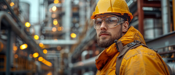 A man in a yellow jacket and a hard hat stands in front of a building