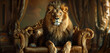 A lion perches on an opulent couch in a display of regal magnificence. Its crown adds to its regal aura as it fixes its steady gaze on the observer