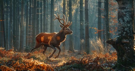 Wall Mural - a deer running in a luxuriant european forest at spring dawn, still from a movie, alexa camera, sublime light, photographic animal, 