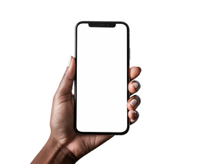 Hand holding a phone for mockup on transparent background