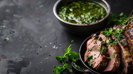 Wall Mural - Sliced roasted meat garnished with herbs and bowl of green sauce on dark surface