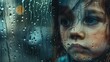 Close-up of child's face behind rain-streaked window, looking thoughtful and somber