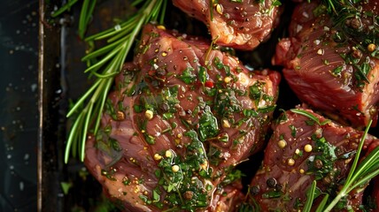 Sticker - Raw, seasoned beef steaks with rosemary and spices on dark surface