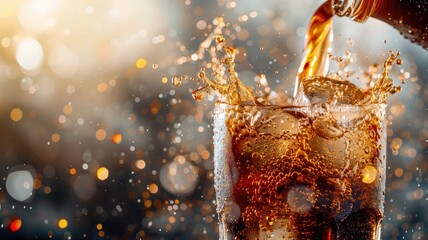 Wall Mural - Close-up of fizzy drink being poured into glass, causing dynamic splash against bokeh background