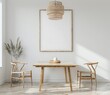 white dining room with a wooden table and chairs, a blank frame on the wall mockup, front view, high definition, realism, in the style of hd realism