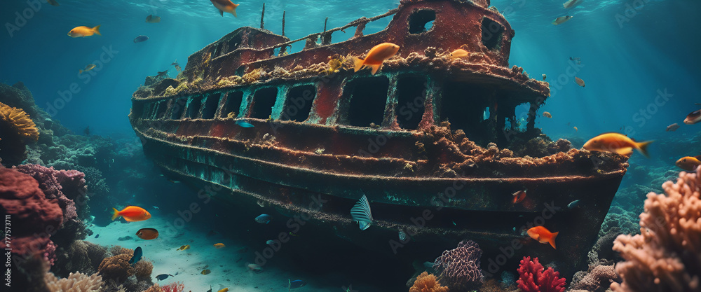 Underwater scene of a shipwreck surrounded by vibrant coral reefs and ...