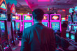 Man with his back in a suit in a casino room with gaming machines