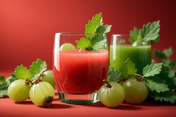 Poster - gooseberry juice in a glass isolated on a red background