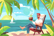 Delighted businessman embraces the freedom of remote work, enjoying the flexibility to work from anywhere, even a beautiful beach with a refreshing coconut drink