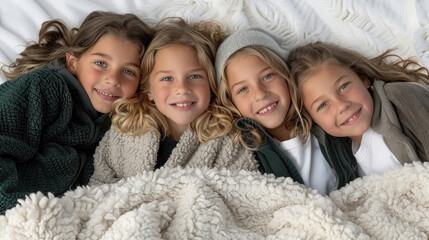 Wall Mural - Four young girls are lying on a bed covered in a fluffy white blanket