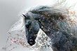 Gray horse with a snow-white flowing mane surrounded by wildflowers