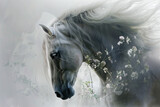 Fototapeta  - Gray horse with a snow-white flowing mane surrounded by wildflowers