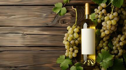 Wall Mural - bottle of white wine with a bunch of white grapes on a wooden background with space for text