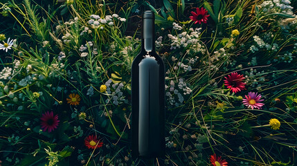 Wall Mural - mockup red wine bottle closeup in chamomile field top view