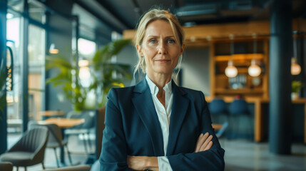 Wall Mural - Portrait of a professional woman in a suit standing in a modern office. Mature business woman looking at the camera in a workplace meeting area