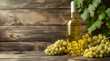 Wall Mural - bottle of white wine with a bunch of white grapes on a wooden background with space for text