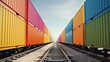 Colorful freight train loaded with containers on a clear day