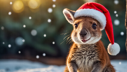 Wall Mural - Cute kangaroo wearing Santa hat