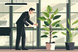 Eco-conscious businessman tends to a thriving plant in his green office, symbolizing the company's commitment to sustainability, environmental responsibility, and reducing its carbon footprint