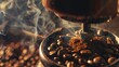 A coffee grinder is filled with coffee beans and the beans are being ground