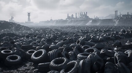 Wall Mural - Create a powerful AI-generated image capturing the essence of an industrial landfill filled with old black car tires. Depict the stark reality of ecological challenges and inspire a sense of