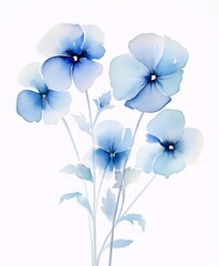 Wall Mural - Light blue watercolor pansies with white background, botanical art, watercolor painting, interior, art nouveau.