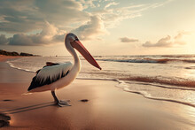 A Pelican Stands On The Beach In Front Of The Ocean