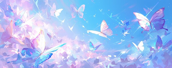 Wall Mural - A surreal digital painting of colorful butterflies with glowing wings flying in the air