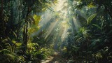 Fototapeta  - Sunlight filtering through the dense foliage of a tropical rainforest, creating a mosaic of light and shadow on the forest floor.