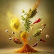 Spices mix explosion background, Explosion of spices against a dark background