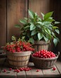 A rustic still life capturing baskets of vibrant red berries and lush green herbs on a wooden surface, evoking a sense of homely tradition