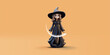 Beautiful sorceress, witch in black clothes, hat and with magic wand, 3D. For concepts of children's fairy tales, prints, cartoons. Vector